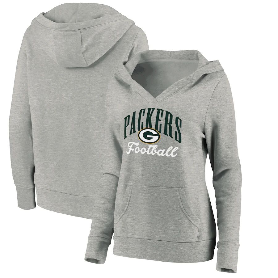 Women Green Bay Packers Fanatics Branded Heathered Gray Victory Script V-Neck Pullover Hoodie->women nfl jersey->Women Jersey